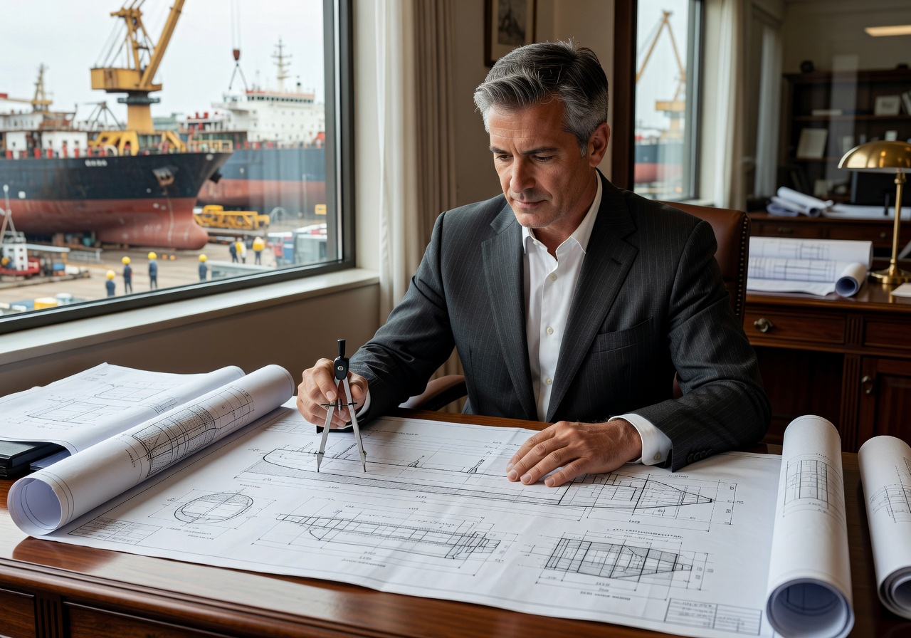 Businessman reviewing marine engineering plans