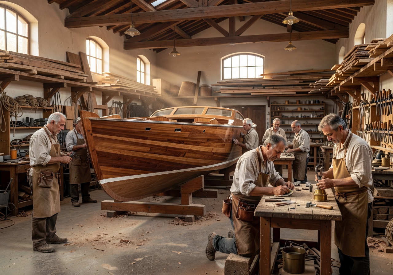 Italian craftsmanship in boat manufacturing facility