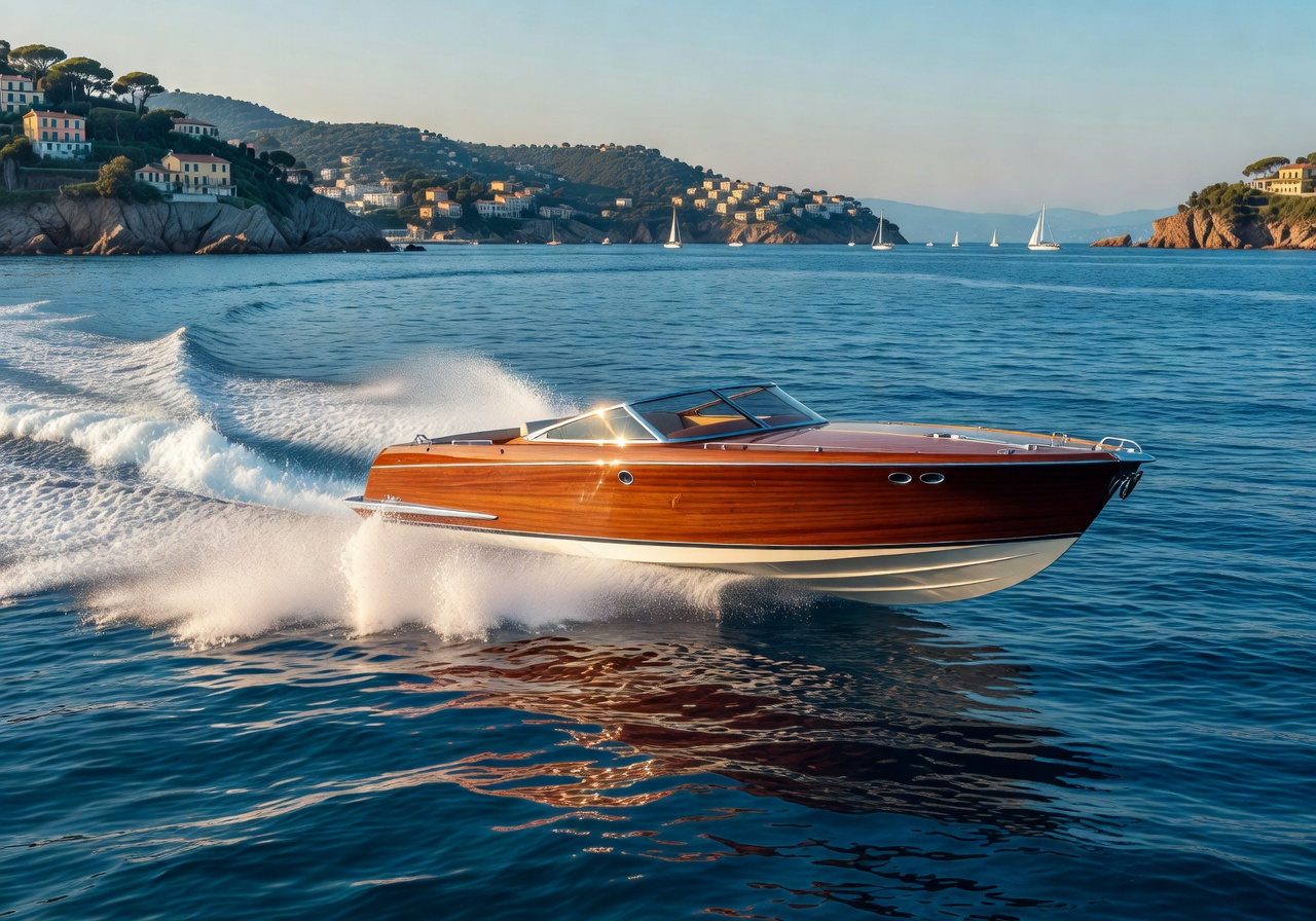 RivieraCraft Italia luxury wooden speedboat speeding across water