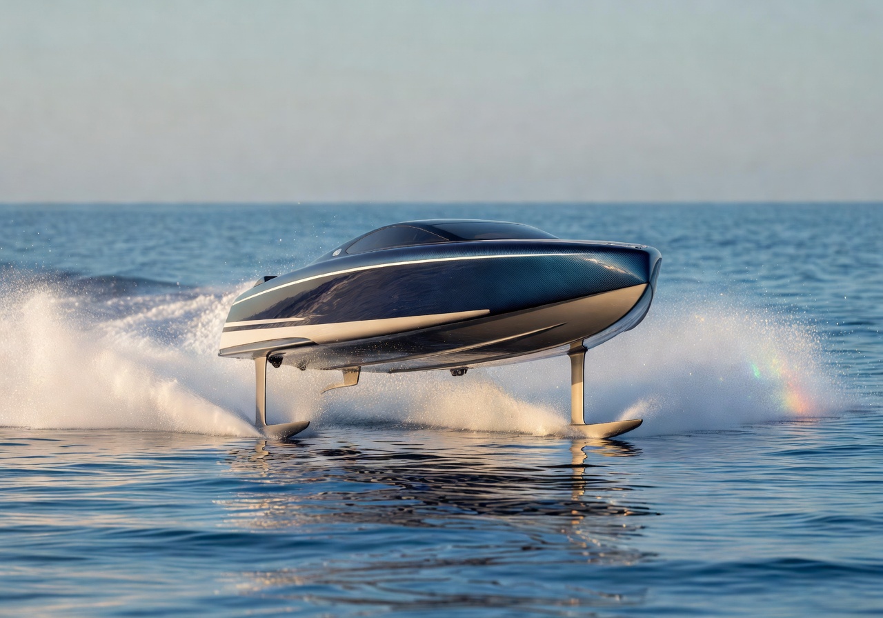 Veloce Yachting hydrofoil boat design gliding over the sea